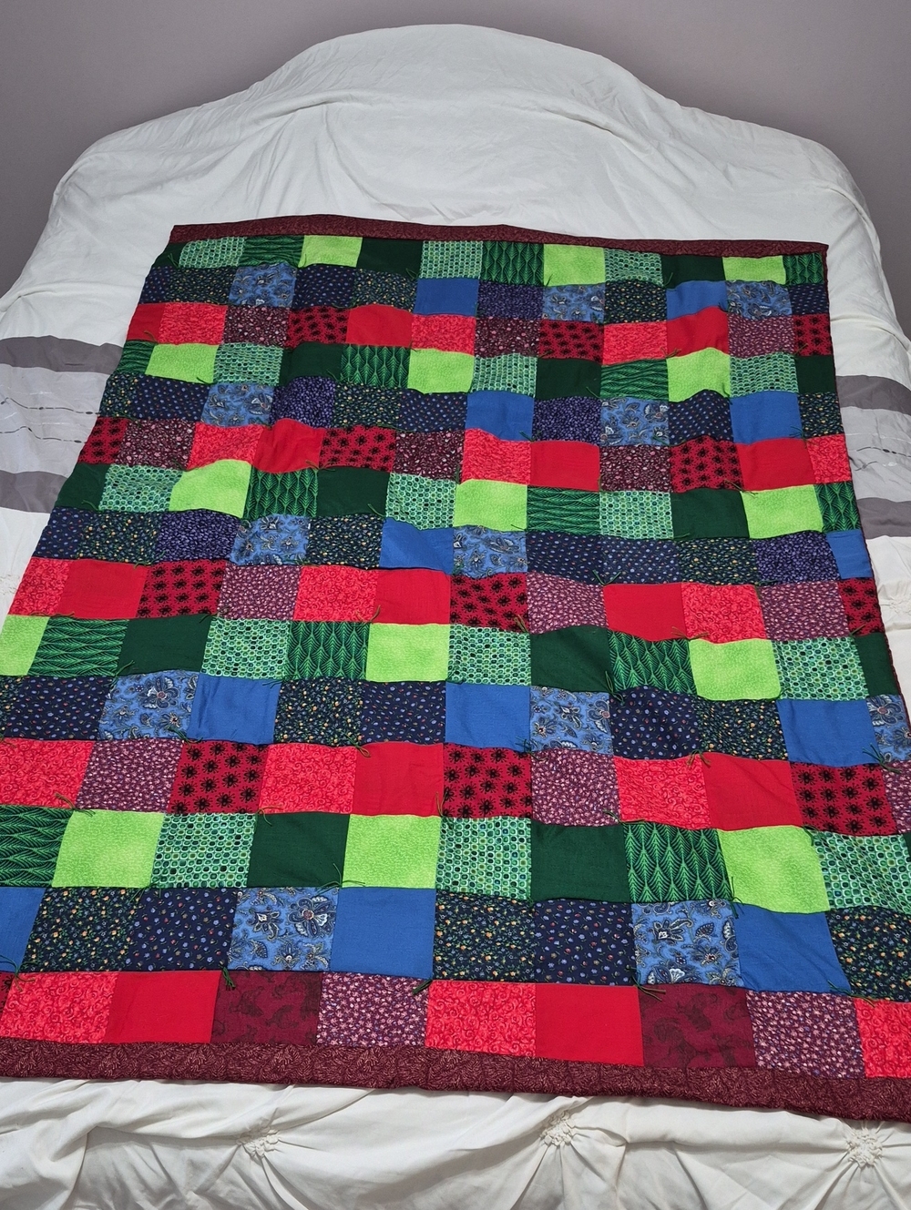 Handmade Patchwork Throw Blanket in Red, Green, Blue, Lime
